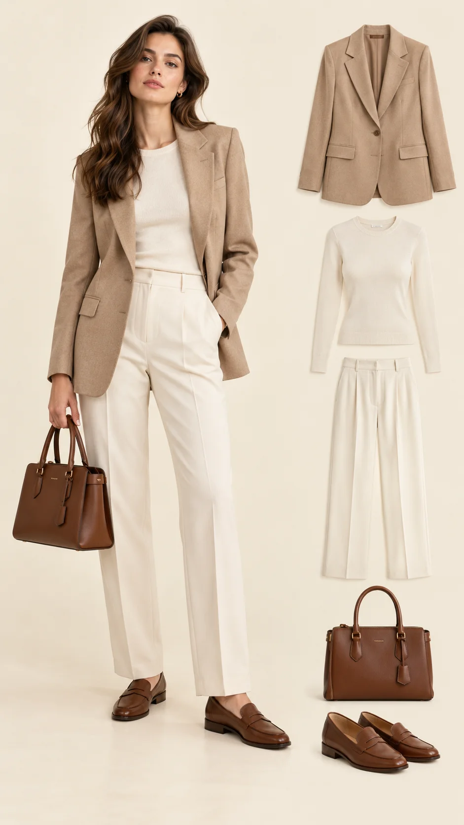 Old Money concept: beige blazer, ivory trousers, brown loafers, and a classic handbag