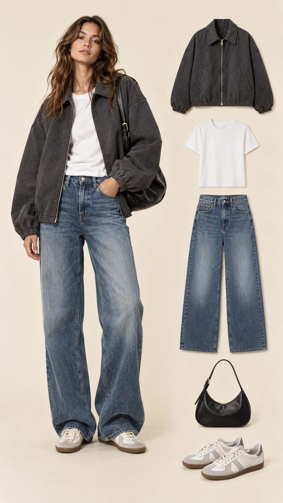 Street Style concept: oversized charcoal jacket, white tee, wide-leg jeans, and sneakers